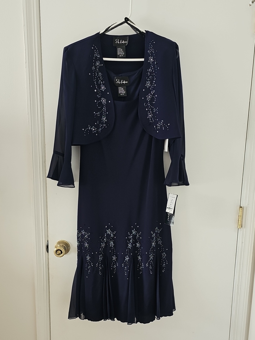 SL Fashions Navy Beaded Midi Dress with Matching Bolero Jacket